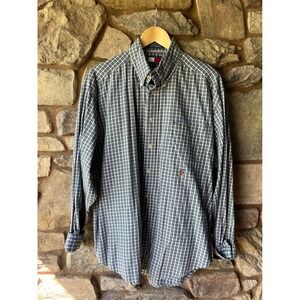 Tommy Hilfiger Mens Blue Gingham Check Button Down Shirt Crest Logo Large L